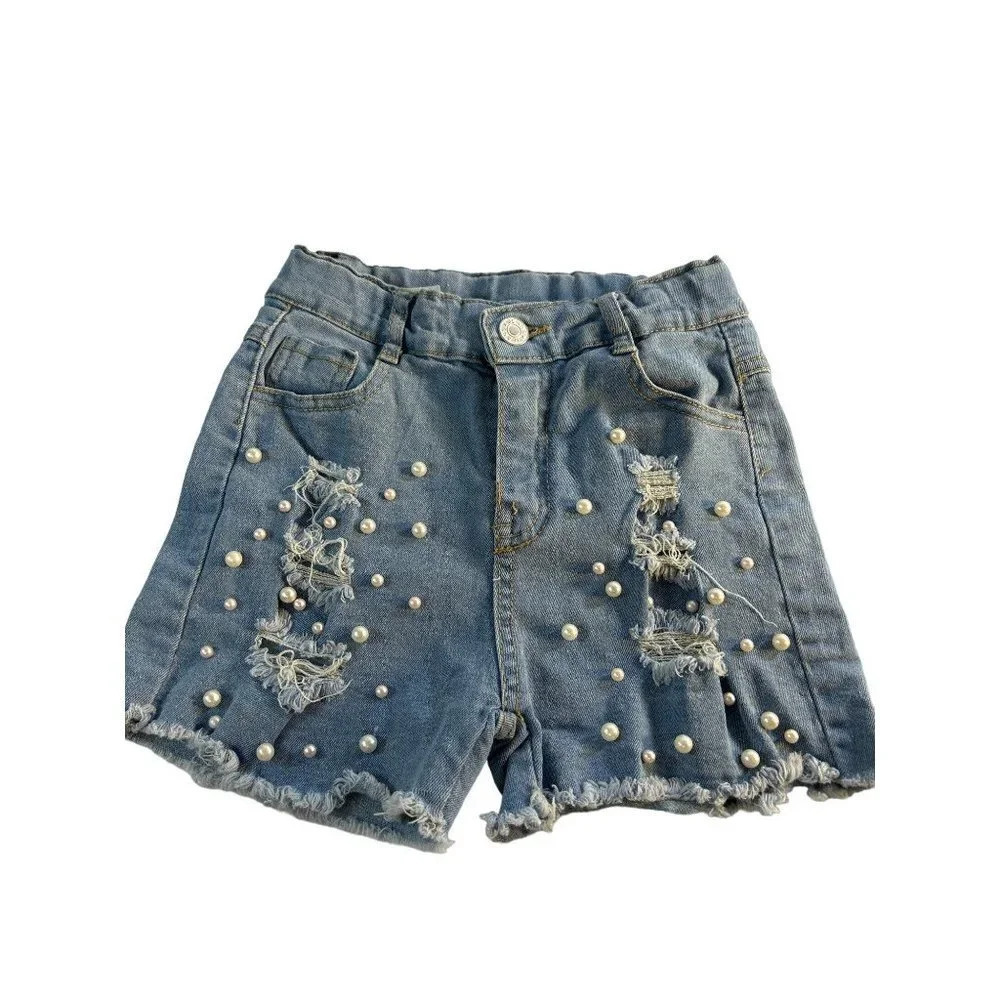Girls Destroyed Jean Shorts with Pearl Accents Raw Hem Size 7-8